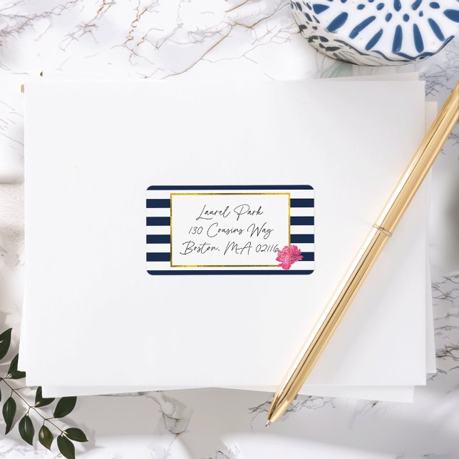 Étiquettes de adresse de Navy Stripe & Pink Peony (Créateur téléchargé)