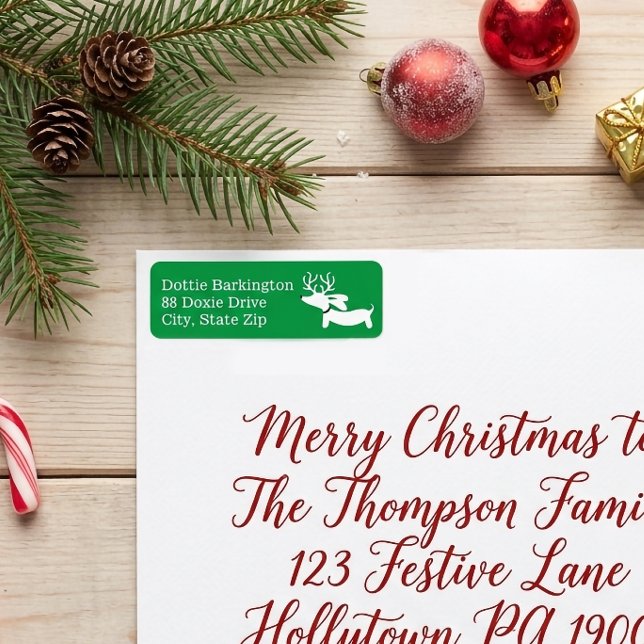 Étiquettes de adresse de Noël verts de Dachshund R (Green wiener dog reindeer dachshund return address label for Christmas and the fall season)