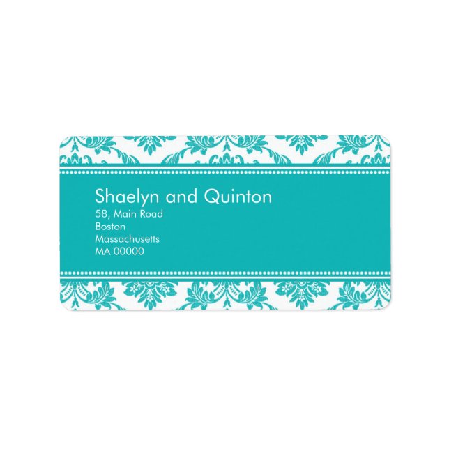 Étiquettes de adresse Mariage damassé turquoises (Devant)