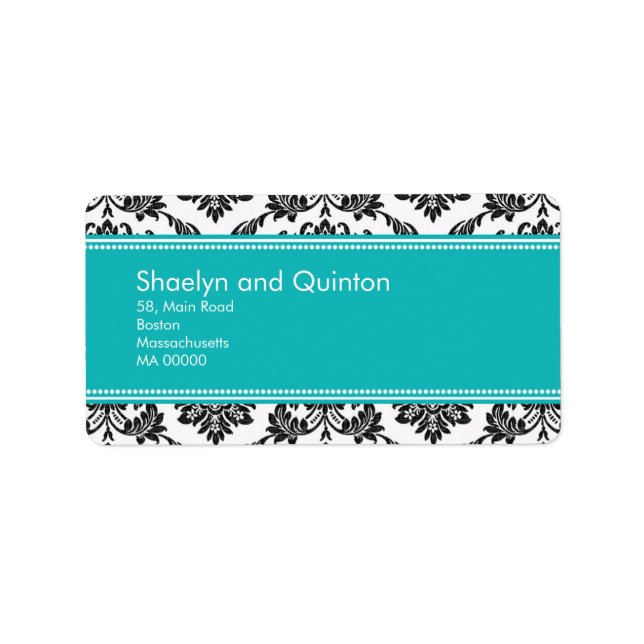 Étiquettes de adresse Mariage damassé turquoises (Devant)