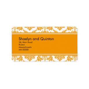 Étiquettes de adresse oranges de mariage damassé