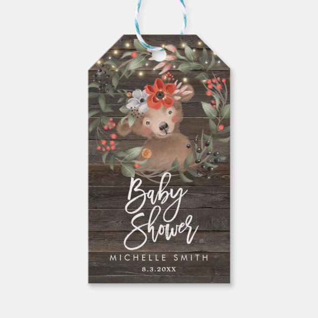 étiquettes de baby shower de l'ours de bois rustiq (Devant)