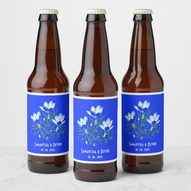 Étiquettes de bière de mariage Crocus Bleus (Bouteilles)