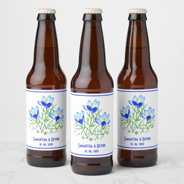 Étiquettes de bière Mariage Blanc Crocus Bleus (Bouteilles)