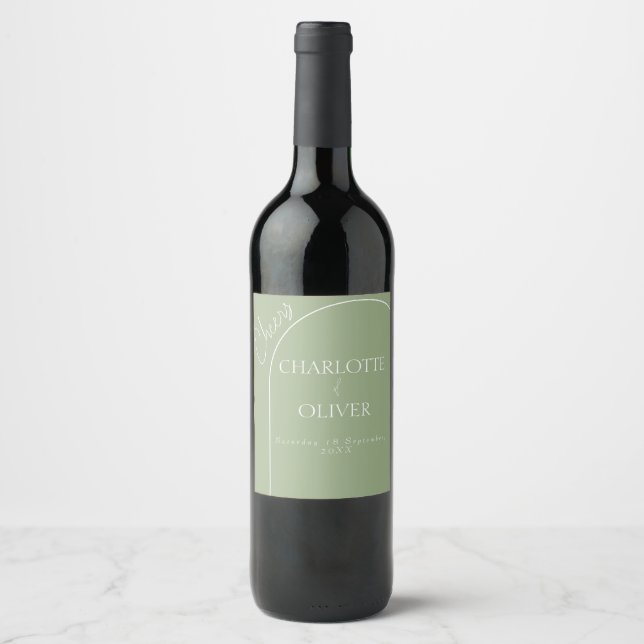 Étiquettes de bouteille de vin de mariage vert sau (Devant)