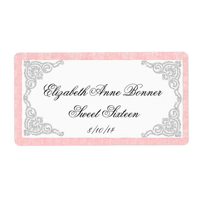 Étiquettes de bouteille d'eau Rose et Argent pour  (Devant)