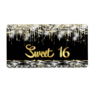 Étiquettes de bouteille d'eau Sweet 16 Or Noir