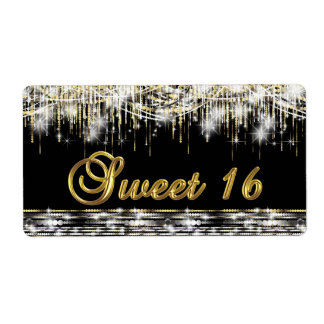 Étiquettes de bouteille d'eau Sweet 16 Or Noir