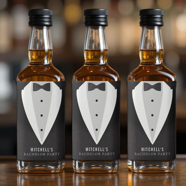 Étiquettes de bouteilles de liqueur mini pour ente (Bachelor Party Black Suit & Bowtie Liquor Bottle Label
)