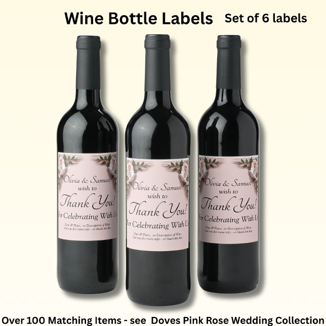 Étiquettes de bouteilles de vin, roses roses & col (Créateur téléchargé)