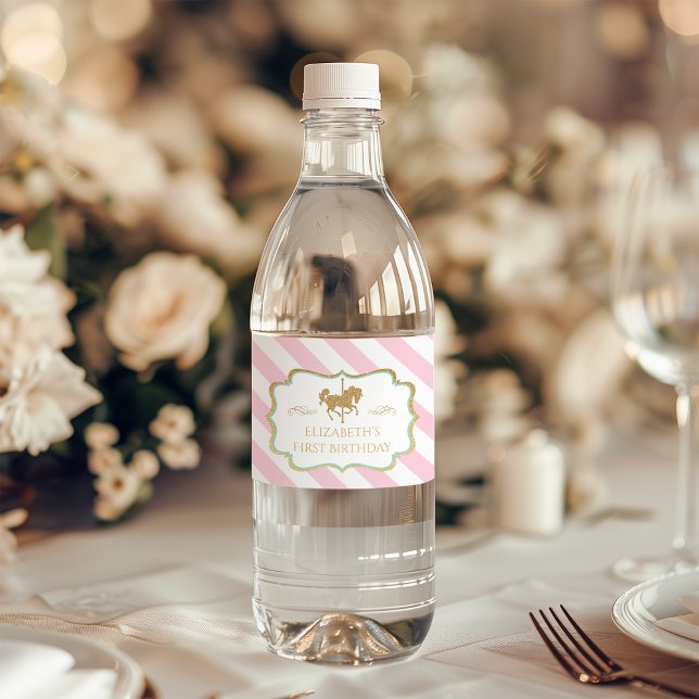 Étiquettes de bouteilles d'eau à thème carrousel à (Pink Stripe Carousel Themed Water Bottle Labels)