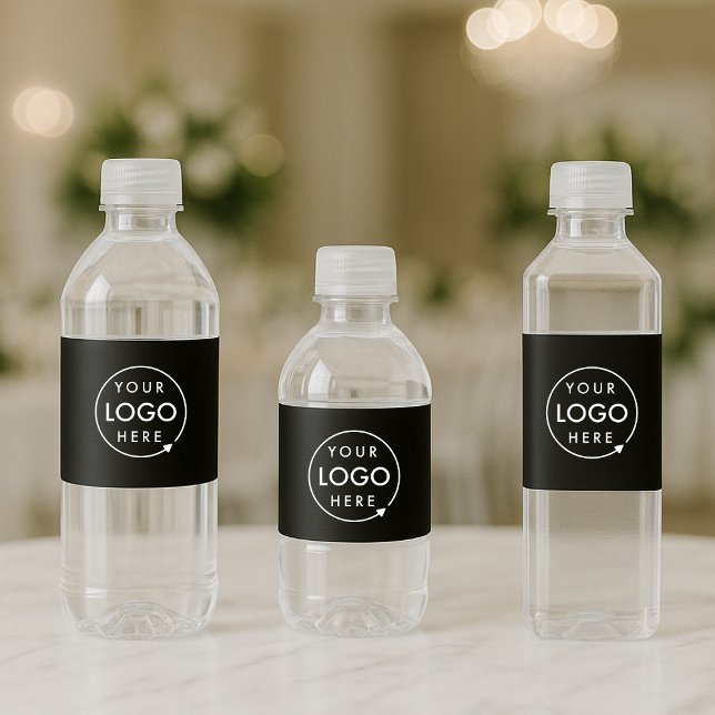 Étiquettes de bouteilles d'eau | Habillages de log (Sleek black company branded water bottle label wraps for small business events & promotional swag.)