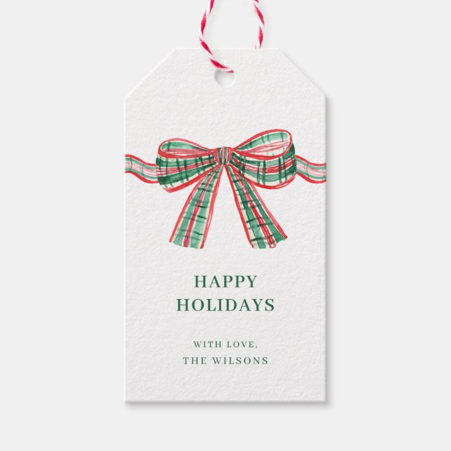 Étiquettes de cadeau à nœud écossais rouge et vert (Devant)