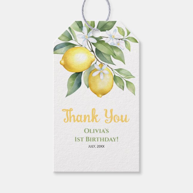 Étiquettes de cadeau citron citrus anniversaire. (Devant)