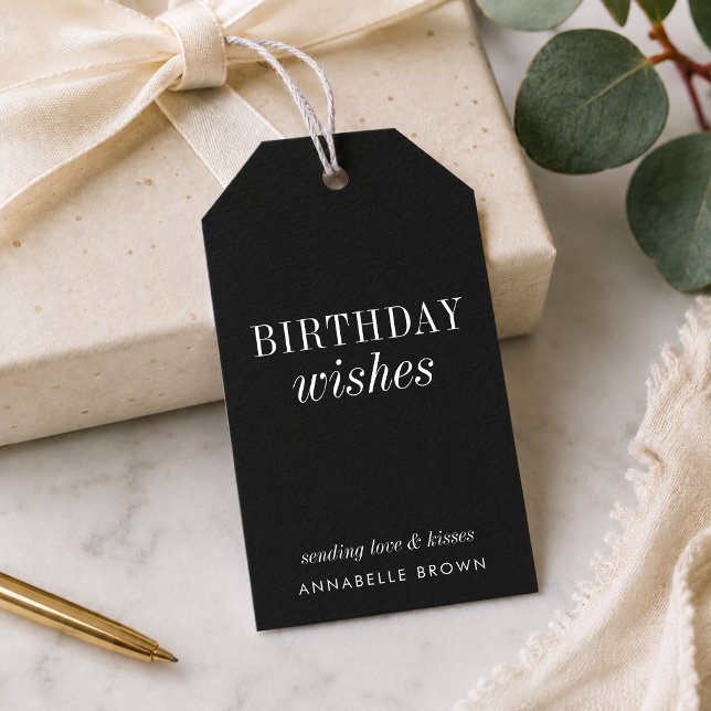 Étiquettes de cadeau d'anniversaire | Étiquettes d (Personalized black birthday gift tags with elegant Birthday Wishes typography for chic wrapping.)