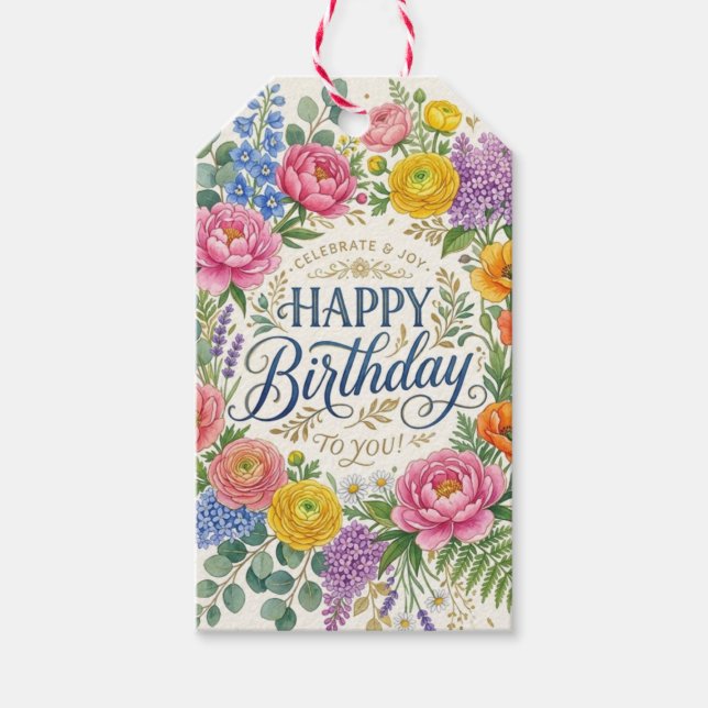 Étiquettes de cadeau d'anniversaire Fleurs Élégant (Devant)