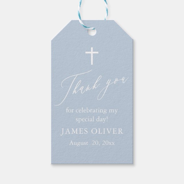 Étiquettes de cadeau de baptême garçon croix blanc (Devant)