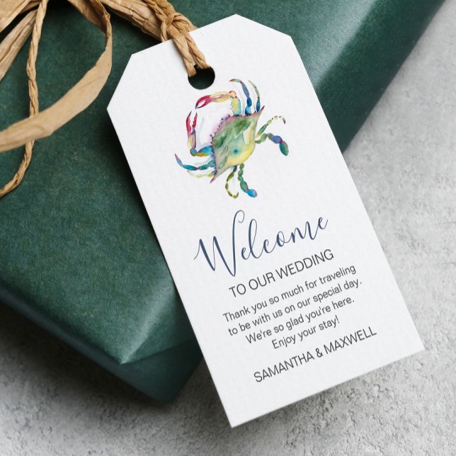 Étiquettes de cadeau de bienvenue de mariage à la  (Blue watercolor crab gift tag for wedding welcome package. Unique art by Victoria Grigaliunas)