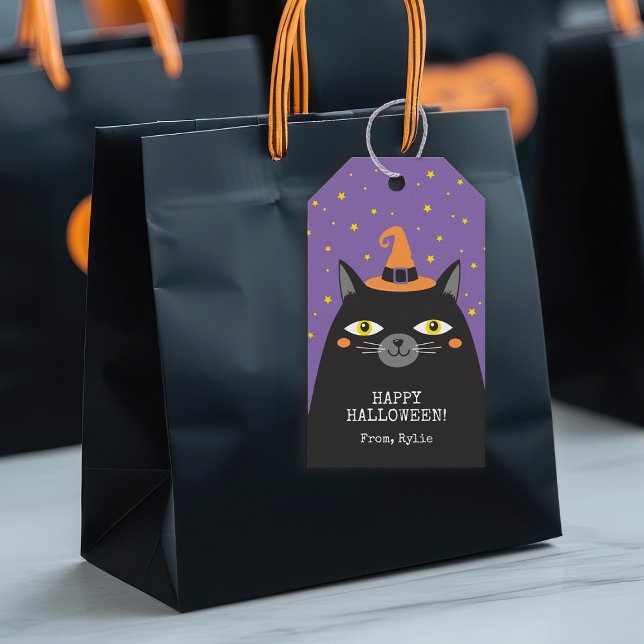 Étiquettes de cadeau de chat noir Halloween (A cute Halloween cat party favor gift tag for your Halloween party favors.)