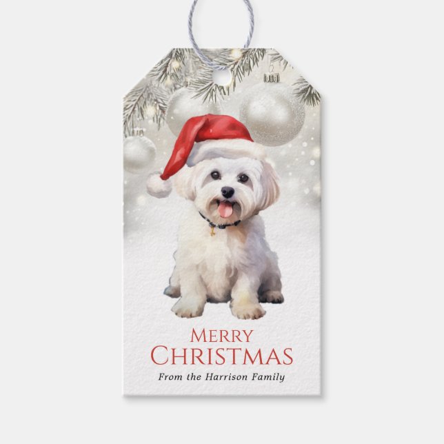 Étiquettes de cadeau de chien maltais de Noël (Devant)