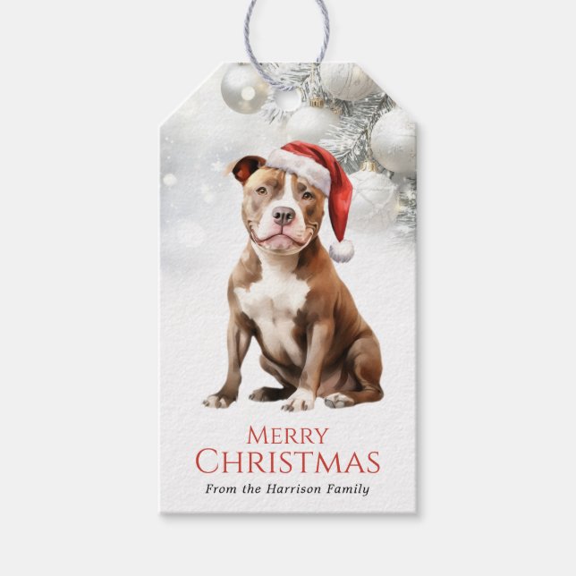 Étiquettes de cadeau de chien Pit Bull de Noël (Devant)