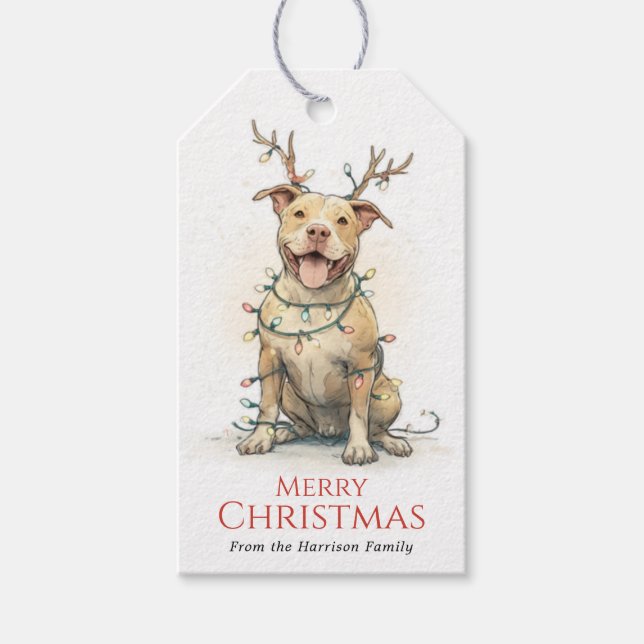 Étiquettes de cadeau de chien Pit Bull de Noël (Devant)