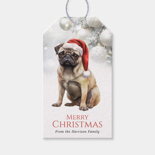 Étiquettes de cadeau de chien Pug de Noël (Devant)