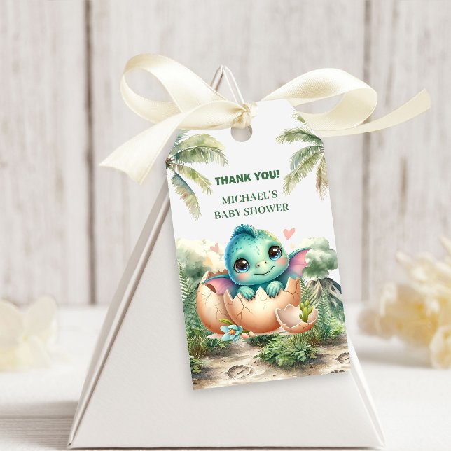 Étiquettes de Cadeau de Douche Bébé Dino Œuf Éclos (Baby Dino Egg Hatching Soon Shower Gift Tags)