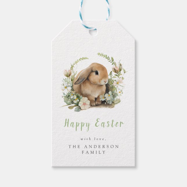 Étiquettes de cadeau de lapin de Pâques florales (Devant)