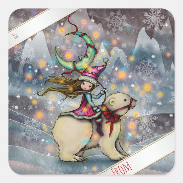 Étiquettes de Cadeau de Lutin de Noël Chevauchant  (Devant)