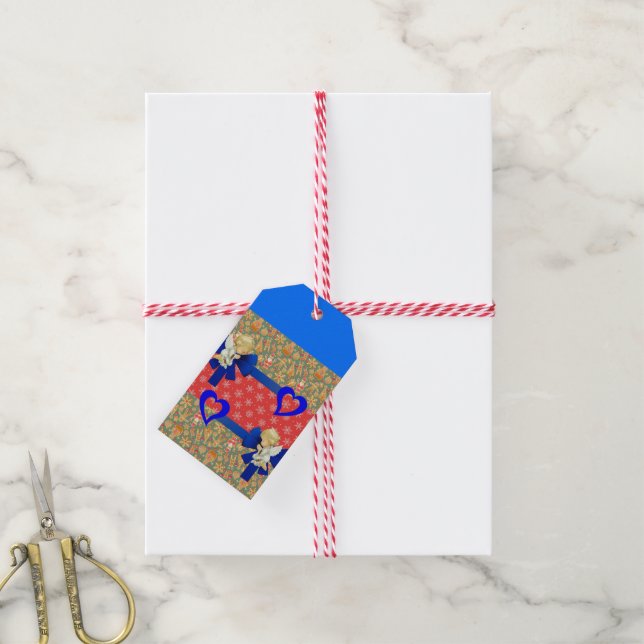 Étiquettes de cadeau de Noël Anges Cœurs Bleus (Avec de la ficelle)