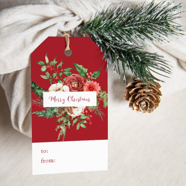 Étiquettes de cadeau de Noël botaniques rouges (Red Green Cream Watercolor Botanical Merry Christmas Gift Tags by Painted Paperie
)