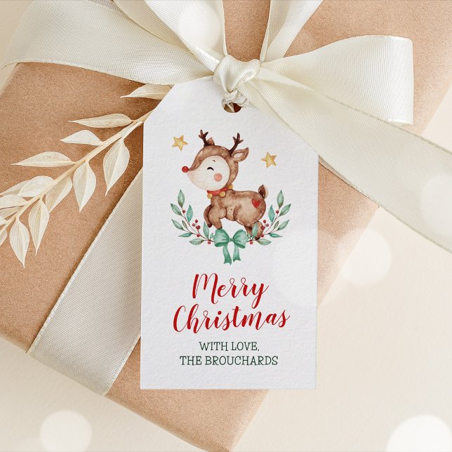 Étiquettes de cadeau de Noël pour rennes (Watercolor Reindeer Christmas Tag)