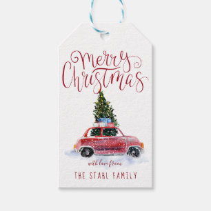Étiquettes de cadeau de Noël - Voiture rouge vinta