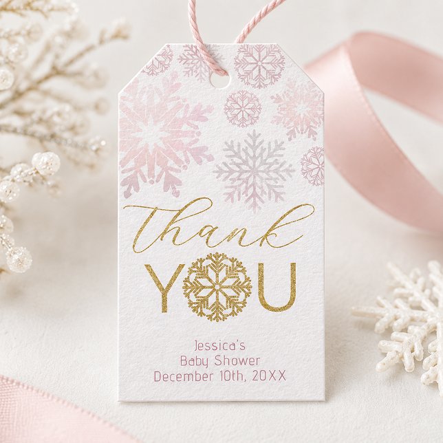 Étiquettes de cadeaux de Baby Shower Hiver Flocon  (Elegant Pink Snowflake Baby Shower Tag)