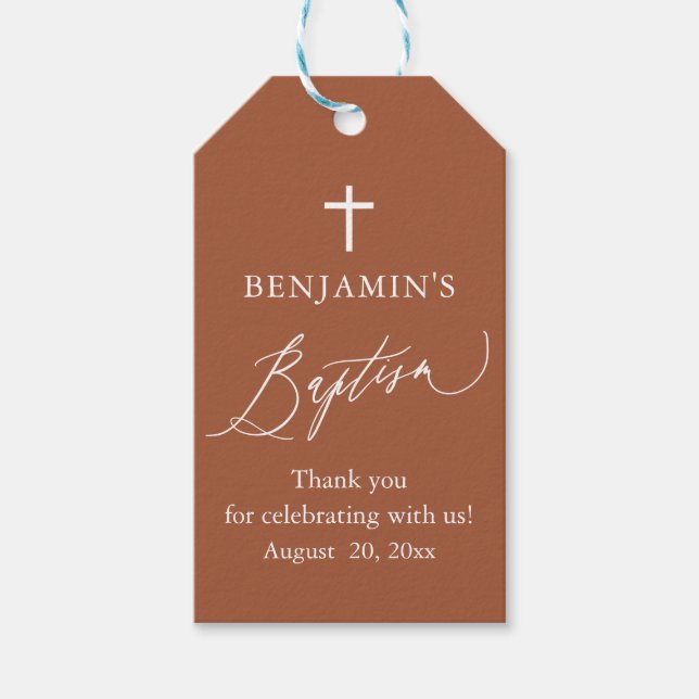 Étiquettes de cadeaux de baptême croix blanche en  (Devant)