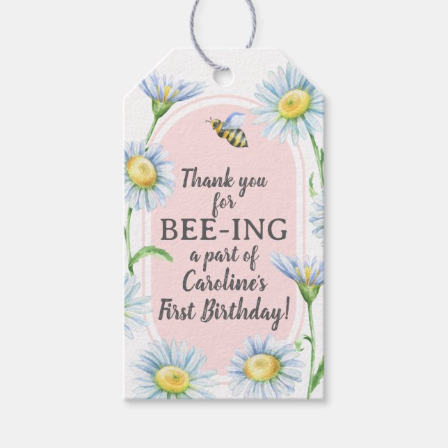 Étiquettes de cadeaux de Bee-Day rose avec des mar (Devant)