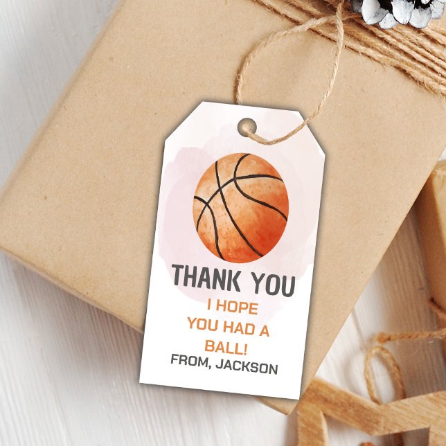 Étiquettes de cadeaux de fête de sport pour garçon (Orange Watercolor Basketball Birthday Gift Tags)