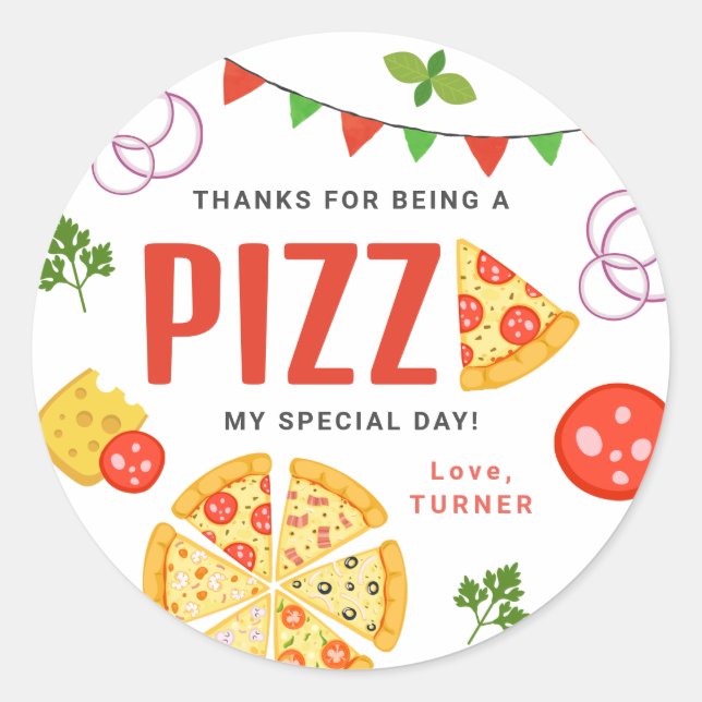 Étiquettes de cadeaux de fête pizza rondes (Devant)