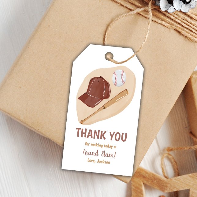 Étiquettes de cadeaux de fête sportive modifiables (Brown Baseball Birthday Gift Tags)