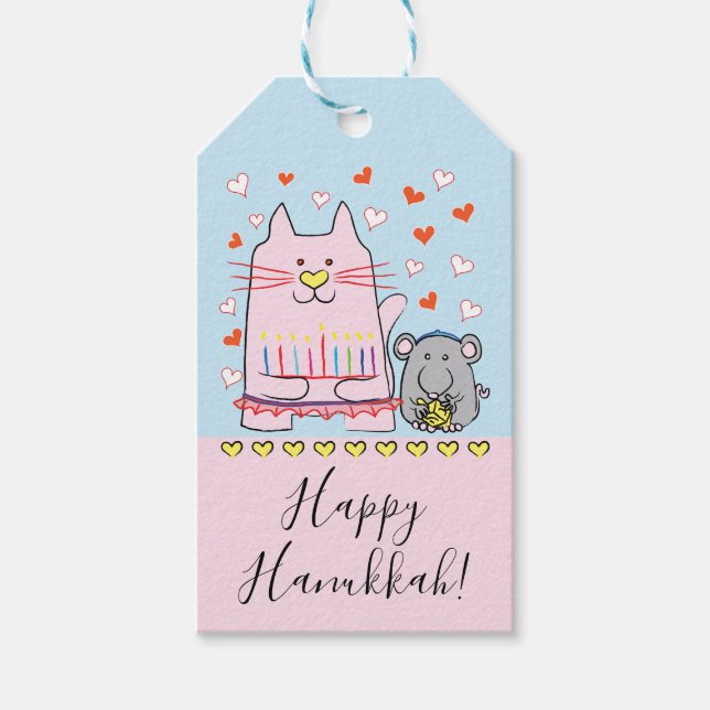 Étiquettes de cadeaux de Hanoukka Chat et Souris (Devant)