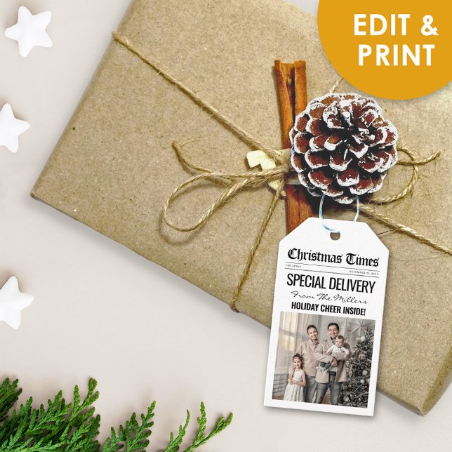 Étiquettes de cadeaux de Noël uniques Étiquettes d (Customizable Christmas Gift Tags Holiday News Favor Tags Template)
