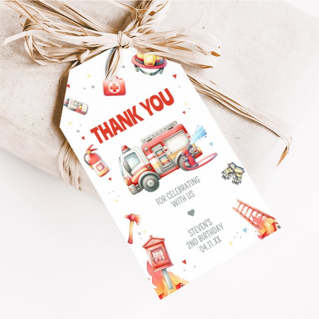 Étiquettes de cadeaux pour fête d'anniversaire de  (Fire Truck Birthday Party Favor Tags)