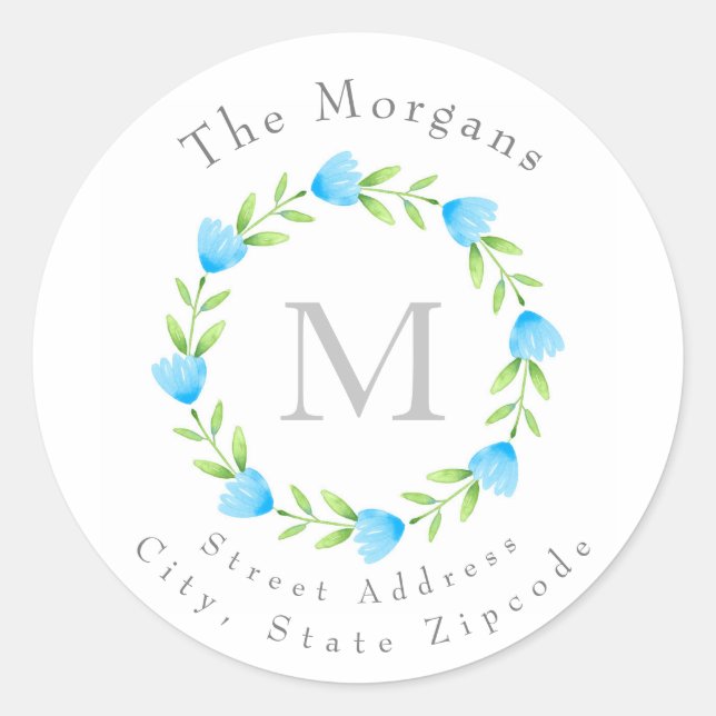 Étiquettes de couronnes de fleurs d'aquarelle bleu (Devant)