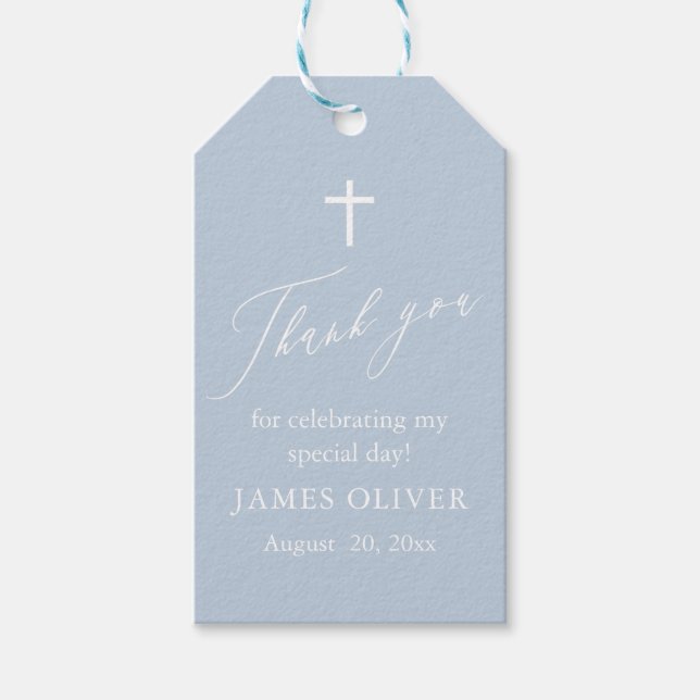 Étiquettes de faveur de baptême garçon croix blanc (Devant)