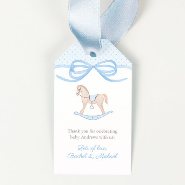 Étiquettes de faveur de bébé en forme de cheval à  (Traditional rocking horse with blue trim baby shower for boy favor tags)