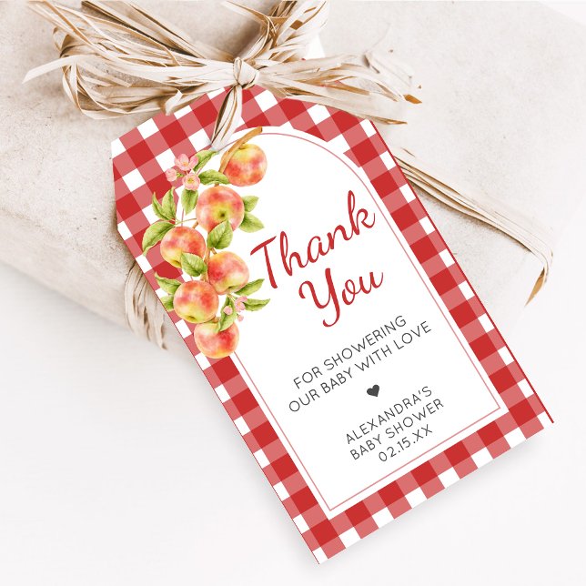 Étiquettes de faveur de Gingham Apple of Our Eye B (Apple Baby Shower Favor Tags)