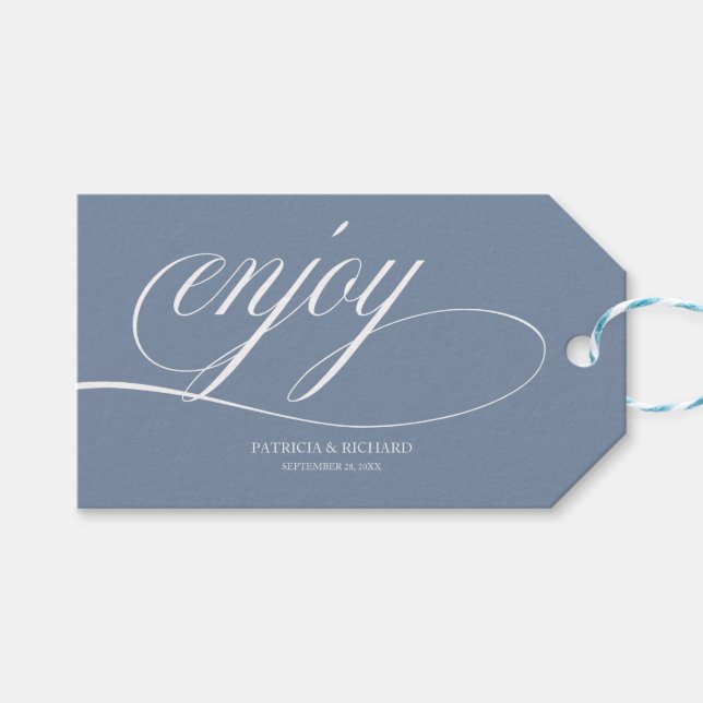 Étiquettes de Faveur de Mariage Élégantes Bleu Pou (Devant (Horizontal))