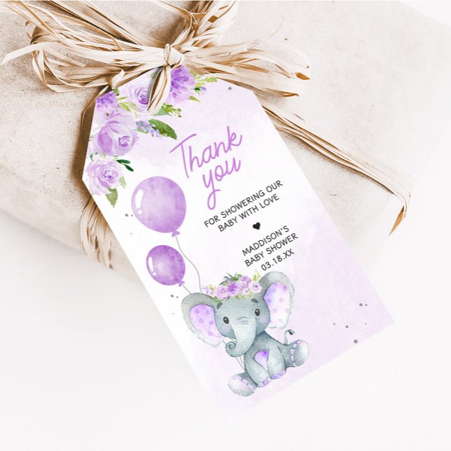 Étiquettes de Faveurs de Baby Shower à l'Éléphant  (Purple Floral Elephant Balloon Baby Shower Favor Tags
)