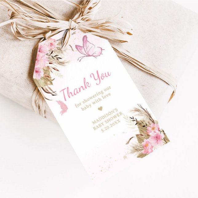 Étiquettes de Faveurs de Baby Shower Fleur Papillo (Pink Butterfly Baby Shower Favor Tags)